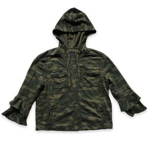 SANCTUARY Size Medium Camo Jacket Green Ruffle Sleeve Camouflage 0139